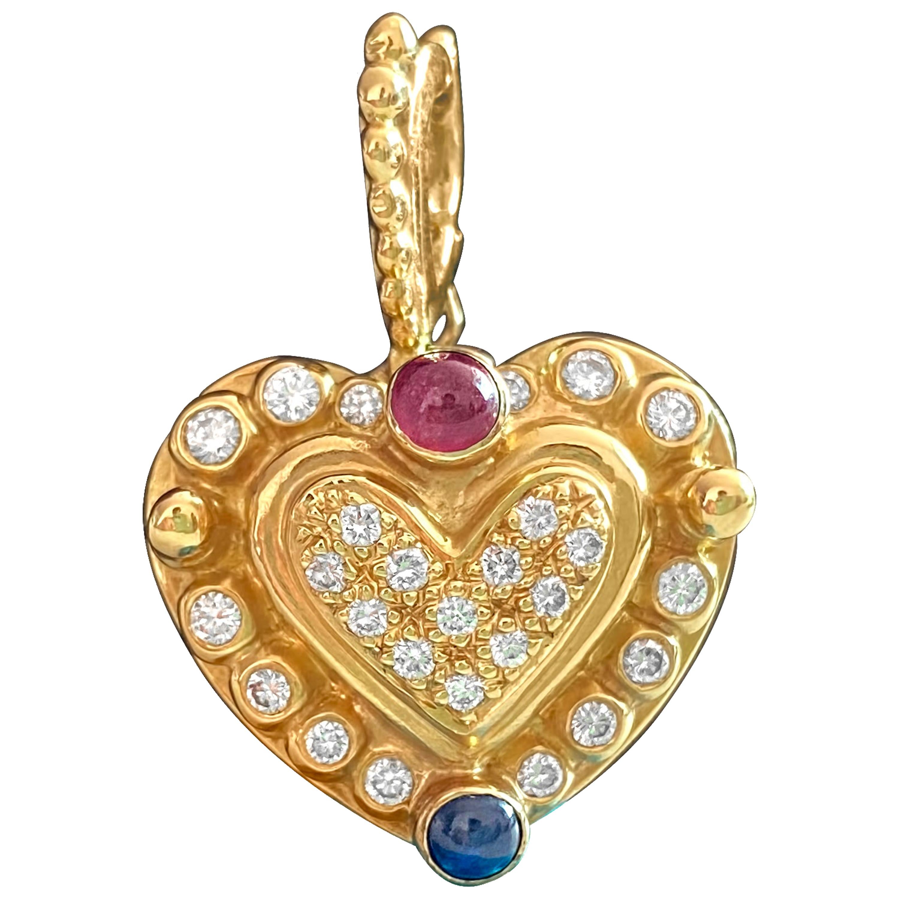 Vintage Natural 1.25 Carat Diamond, Ruby and Sapphire Heart Pendant for Her For Sale