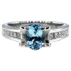 Vintage Natural 1.67ct Oval Aquamarine and Diamond Platinum Ring