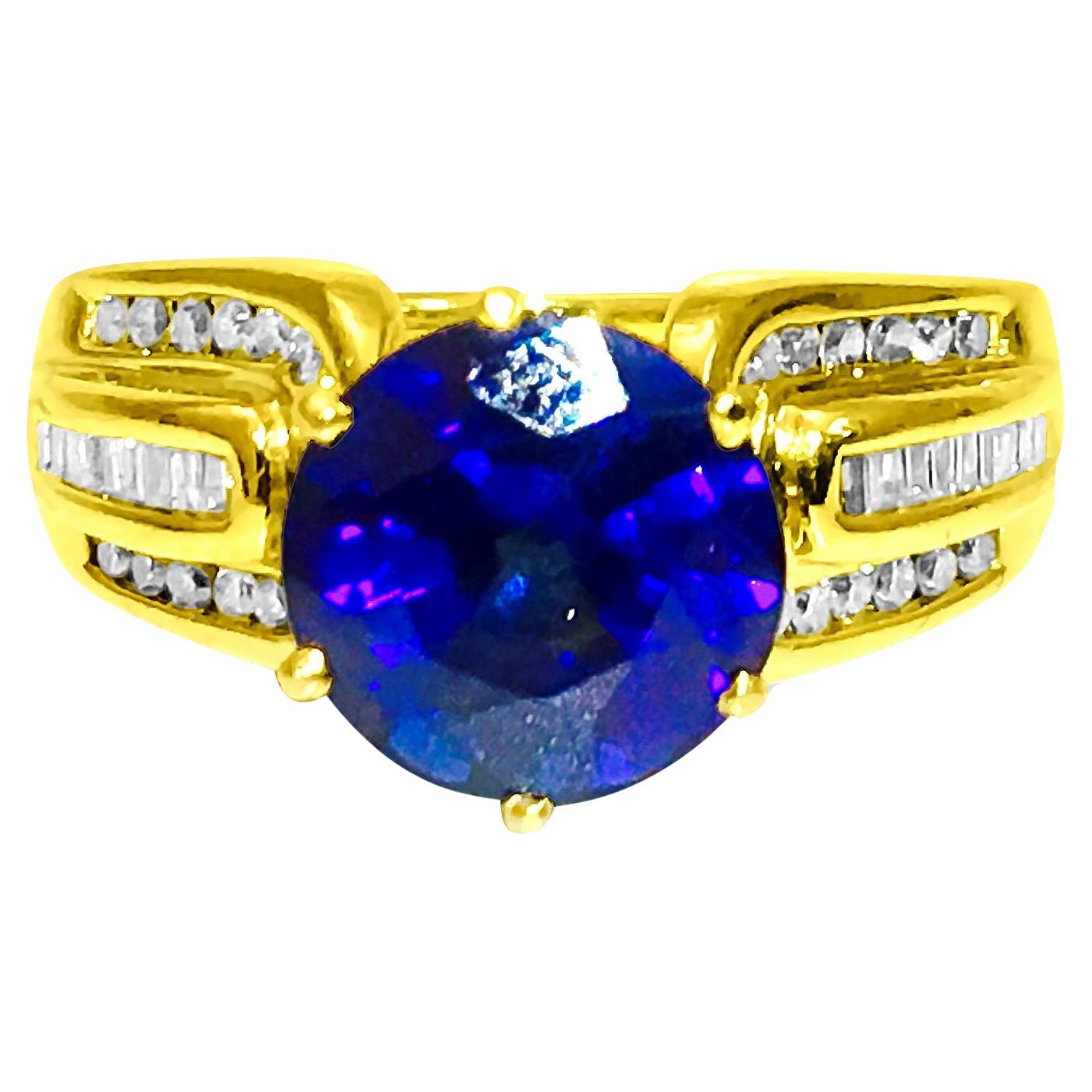Anello vintage con zaffiro blu naturale da 7,00 carati e diamante in vendita