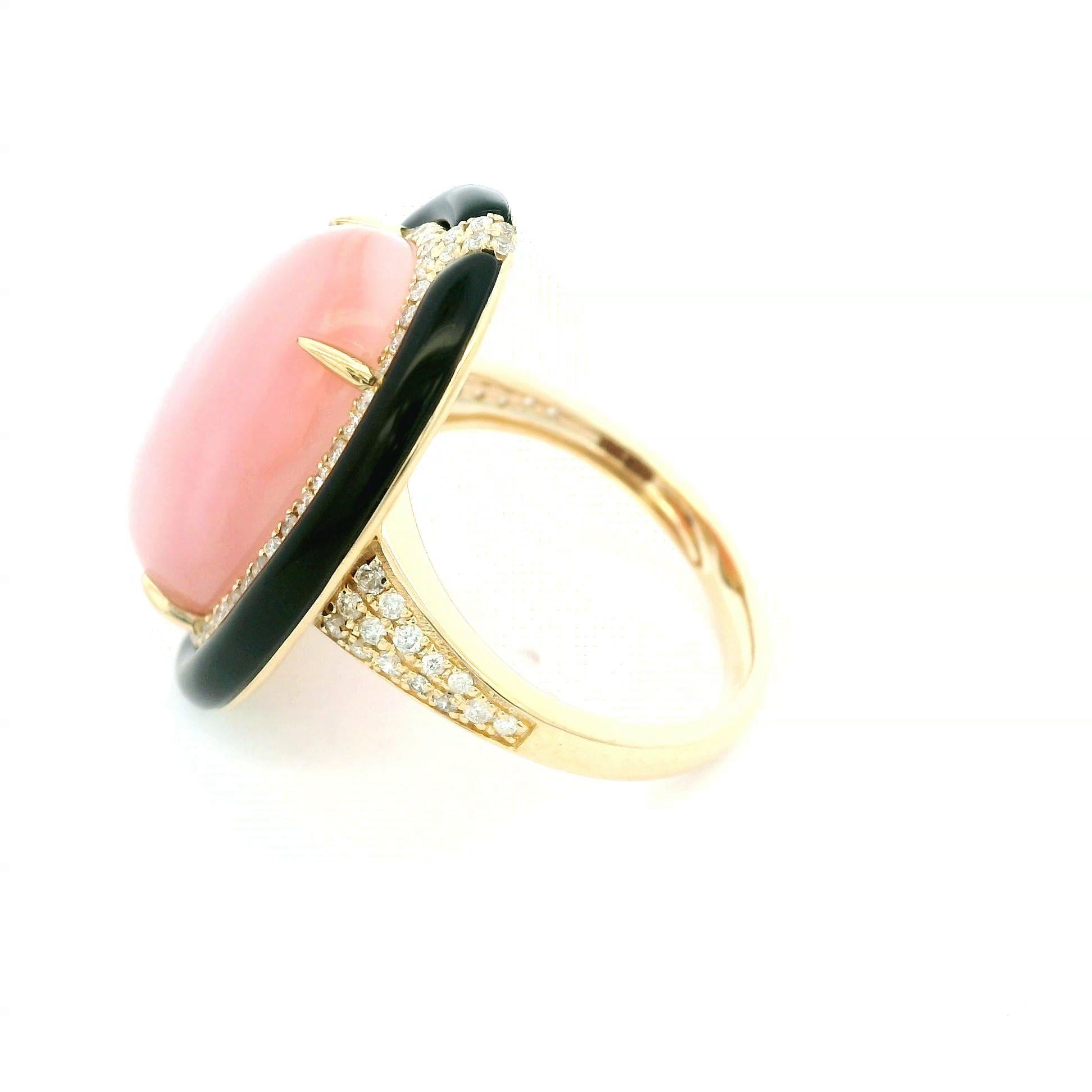 Mixed Cut Vintage 8.43ct Pink Opal 2.5ct Onyx Diamond Ring in 14K Solid Gold