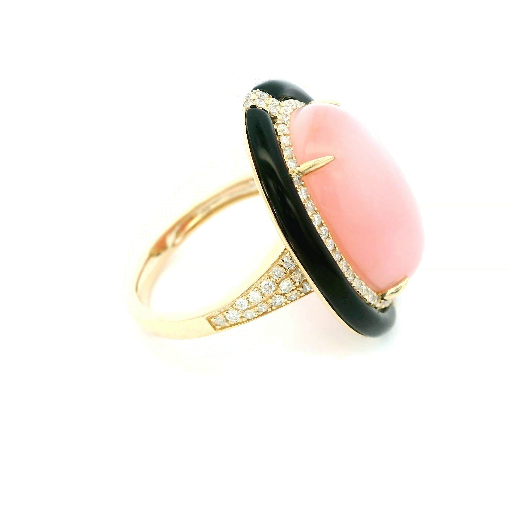 Vintage 8.43ct Pink Opal 2.5ct Onyx Diamond Ring in 14K Solid Gold 1