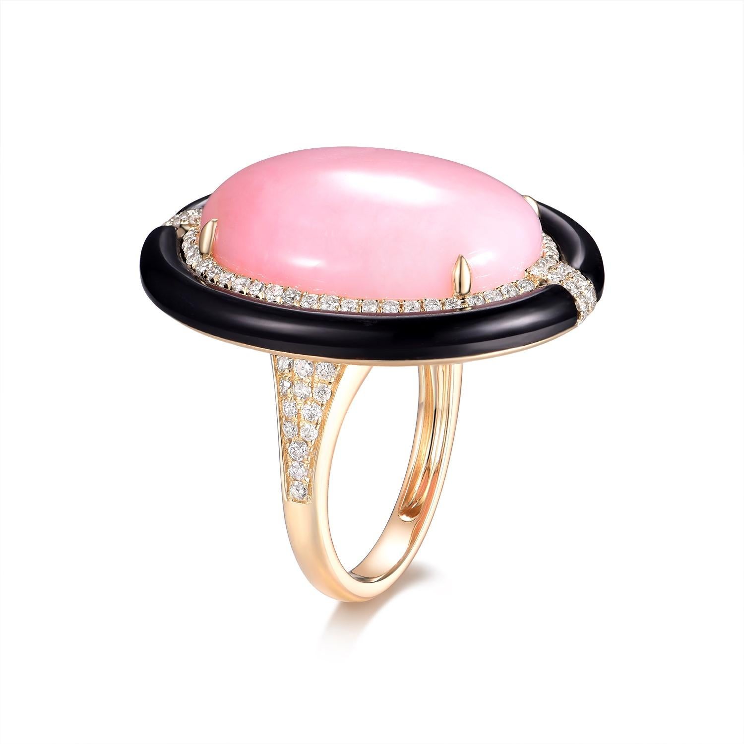 Vintage 8.43ct Pink Opal 2.5ct Onyx Diamond Ring in 14K Solid Gold 2