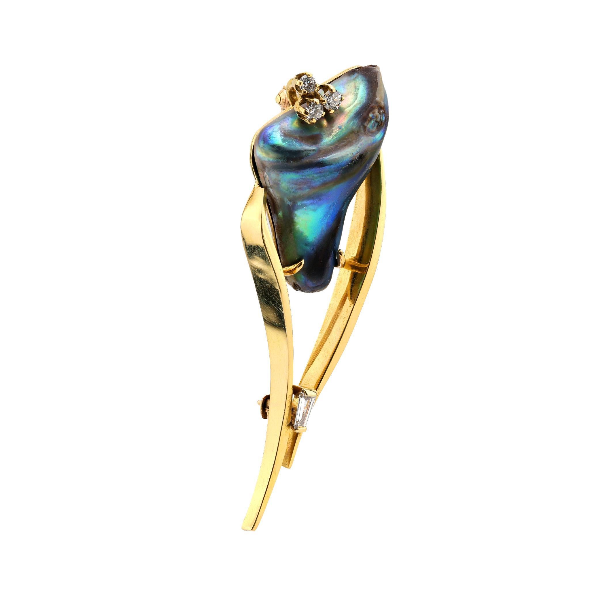 Modern Vintage natural abalone pearl diamond 18k yellow gold brooch For Sale