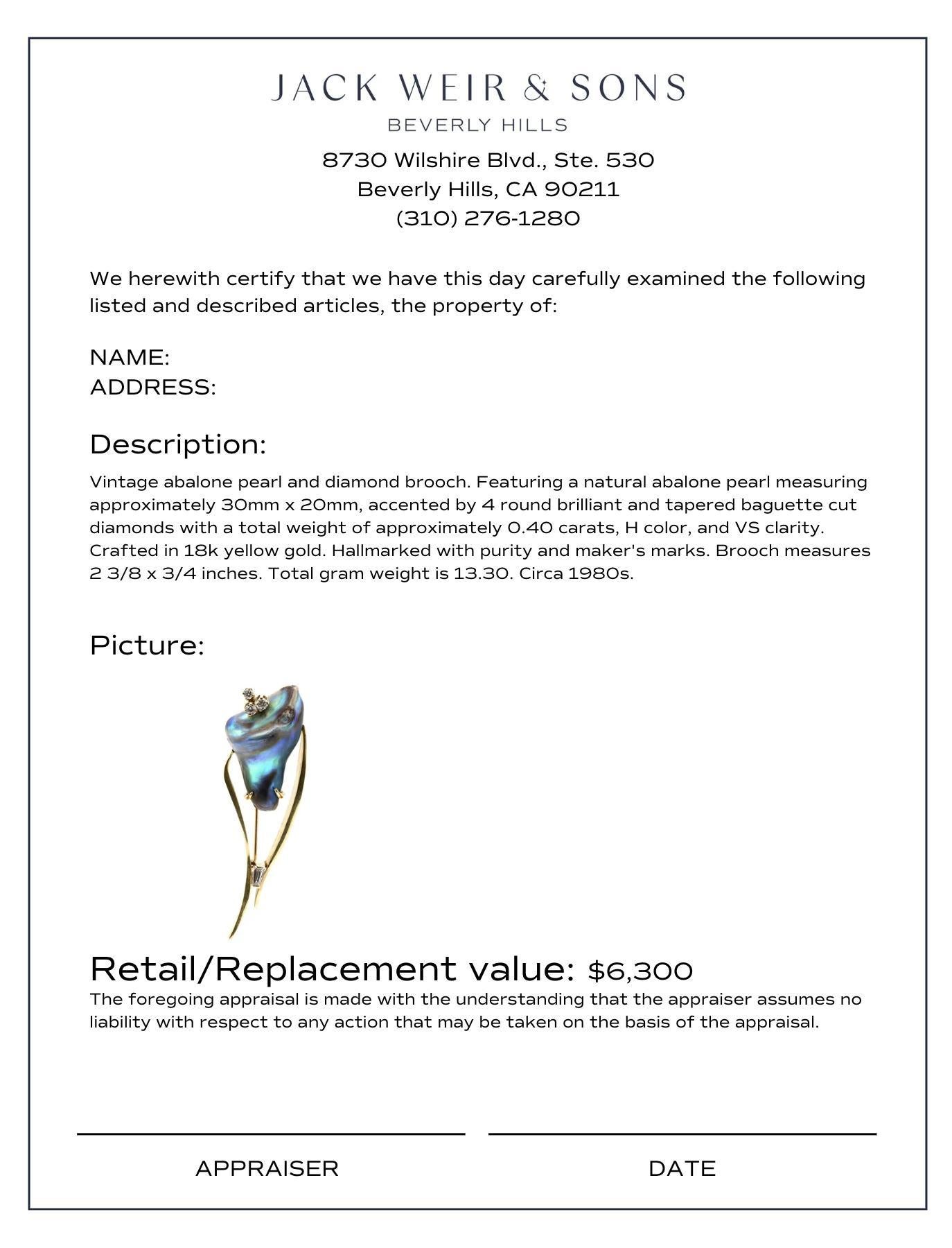 Vintage natural abalone pearl diamond 18k yellow gold brooch In Excellent Condition For Sale In Beverly Hills, CA