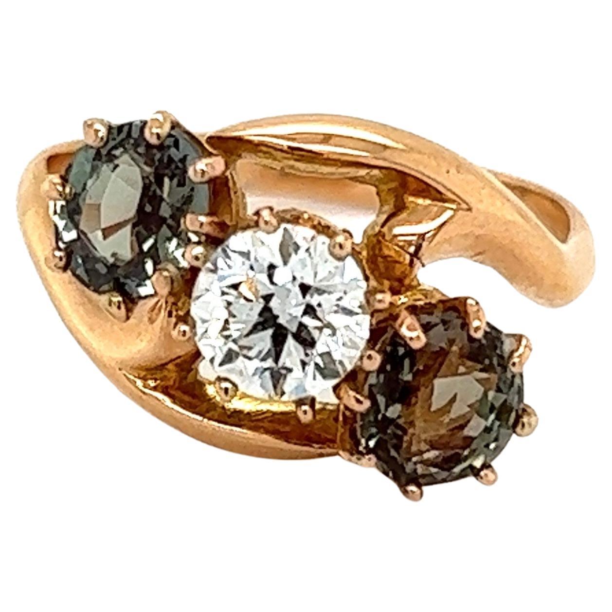 Vintage Natural Alexandrite GIA and Diamond 3-Stone Gold Antique Cocktail Ring