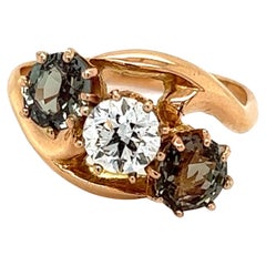Antique Natural Alexandrite GIA and Diamond 3-Stone Gold Antique Cocktail Ring