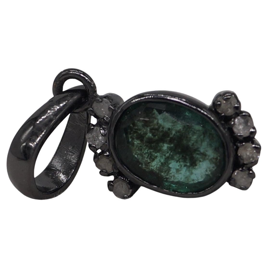 Vintage Natürliche Algen grün zertifiziert Smaragd Diamant 925 Silber schwarz Anhänger im Angebot