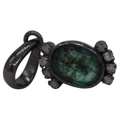Vintage Natural algae green certified Emerald Diamond 925 Silver black Pendant