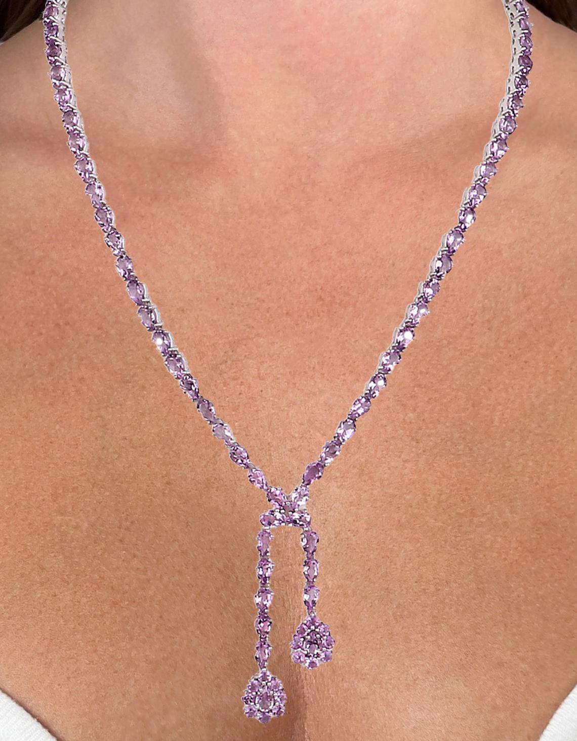 Contemporary Vintage Natural Amethyst Double Drop Necklace 32 Carats Sterling Silver For Sale