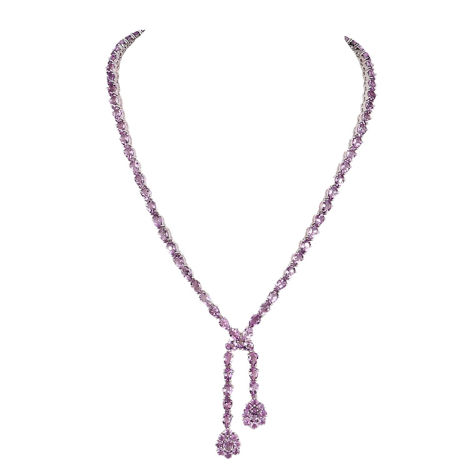 Oval Cut Vintage Natural Amethyst Double Drop Necklace 32 Carats Sterling Silver For Sale
