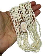 Vintage natural angel skin coral carved rose flower pearl multi strand necklace