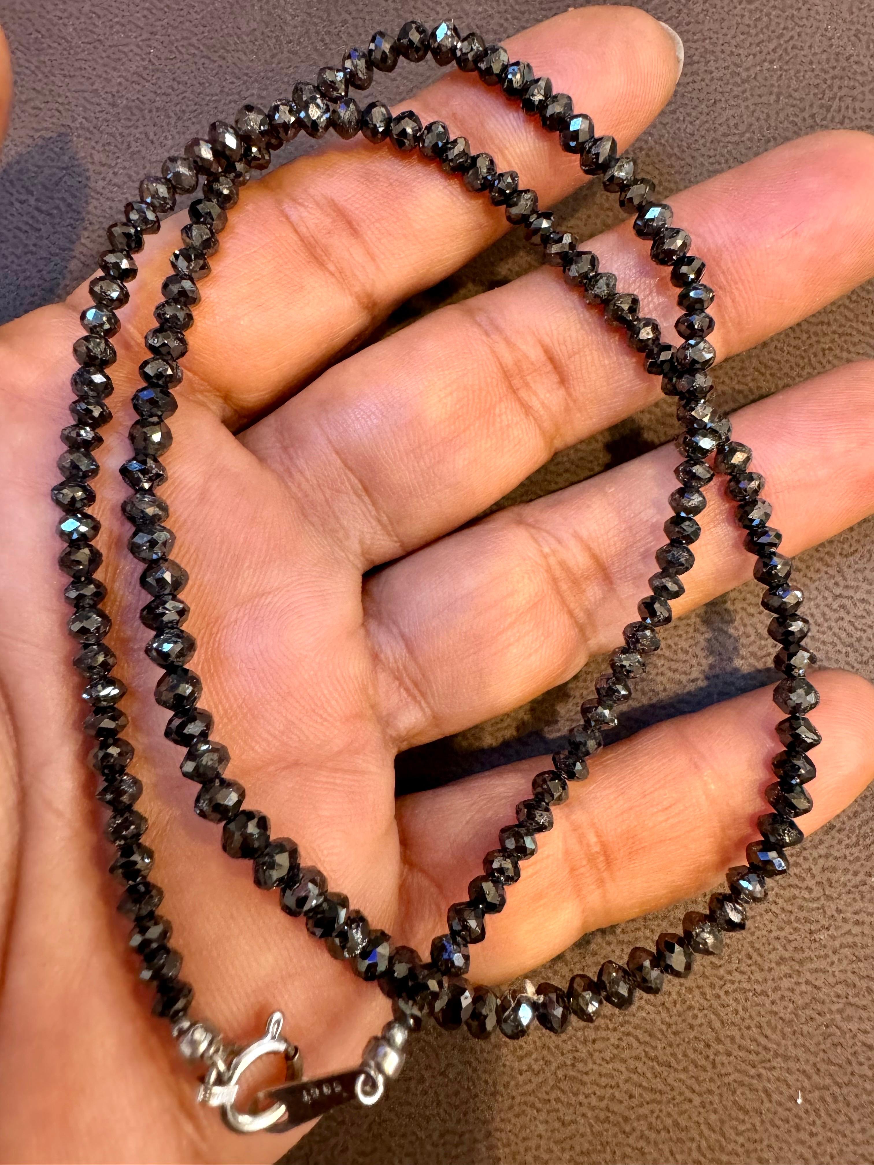Vintage Natural  Black Diamond Bead Single Strand Necklace 18 Kt White Gold 18