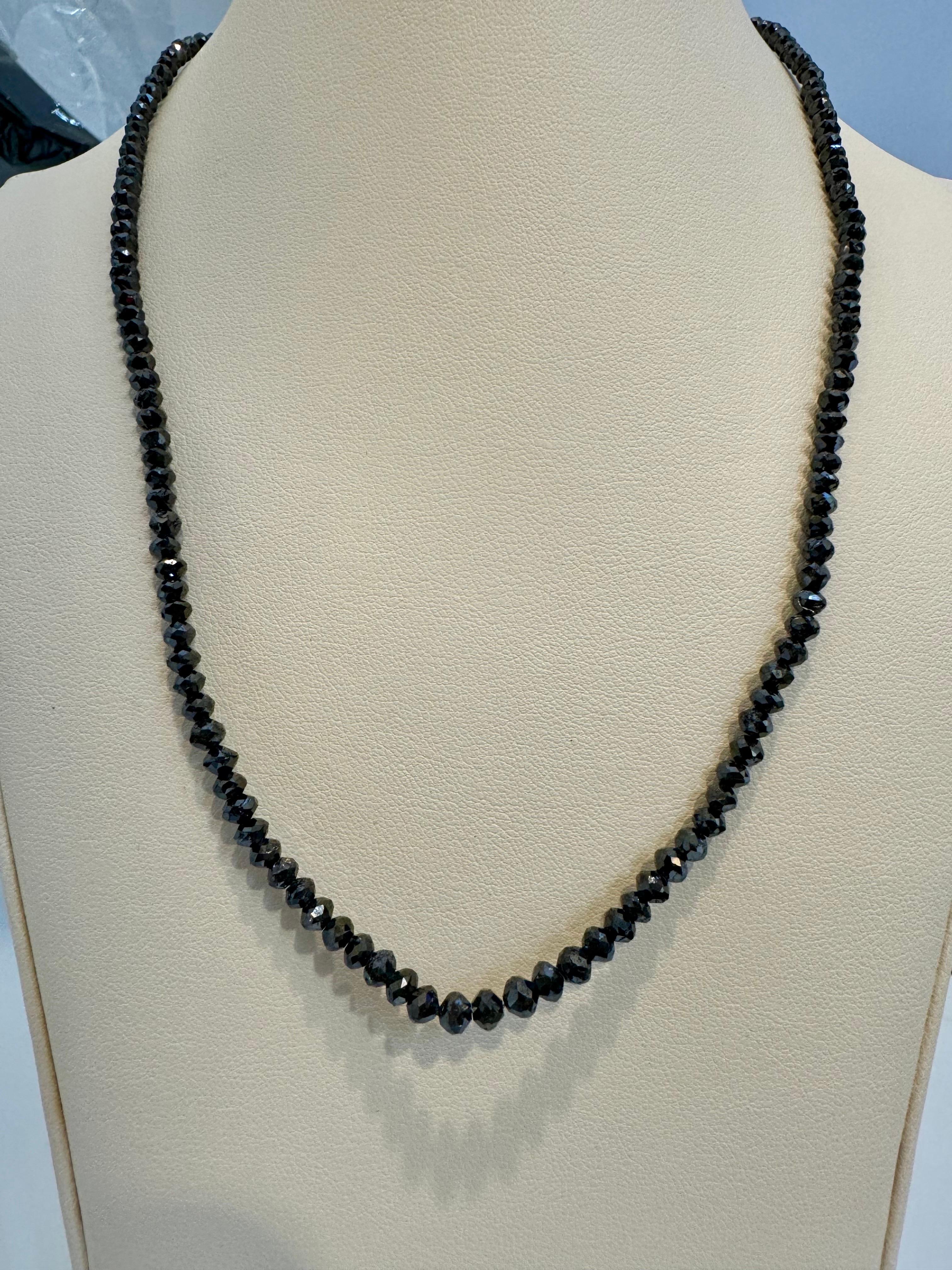 Round Cut Vintage Natural  Black Diamond Bead Single Strand Necklace 18 Kt White Gold 18