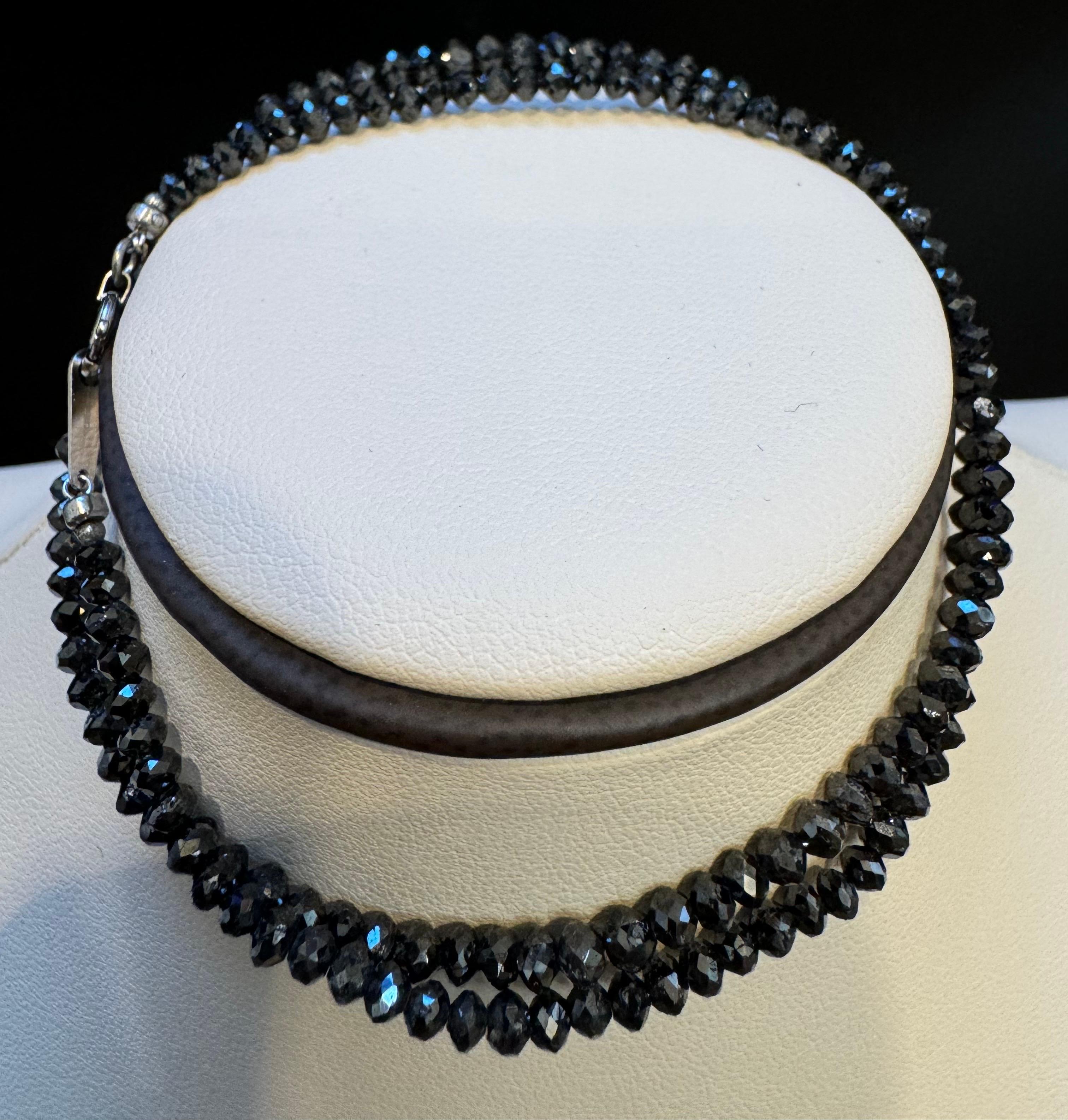 Vintage Natural  Black Diamond Bead Single Strand Necklace 18 Kt White Gold 18