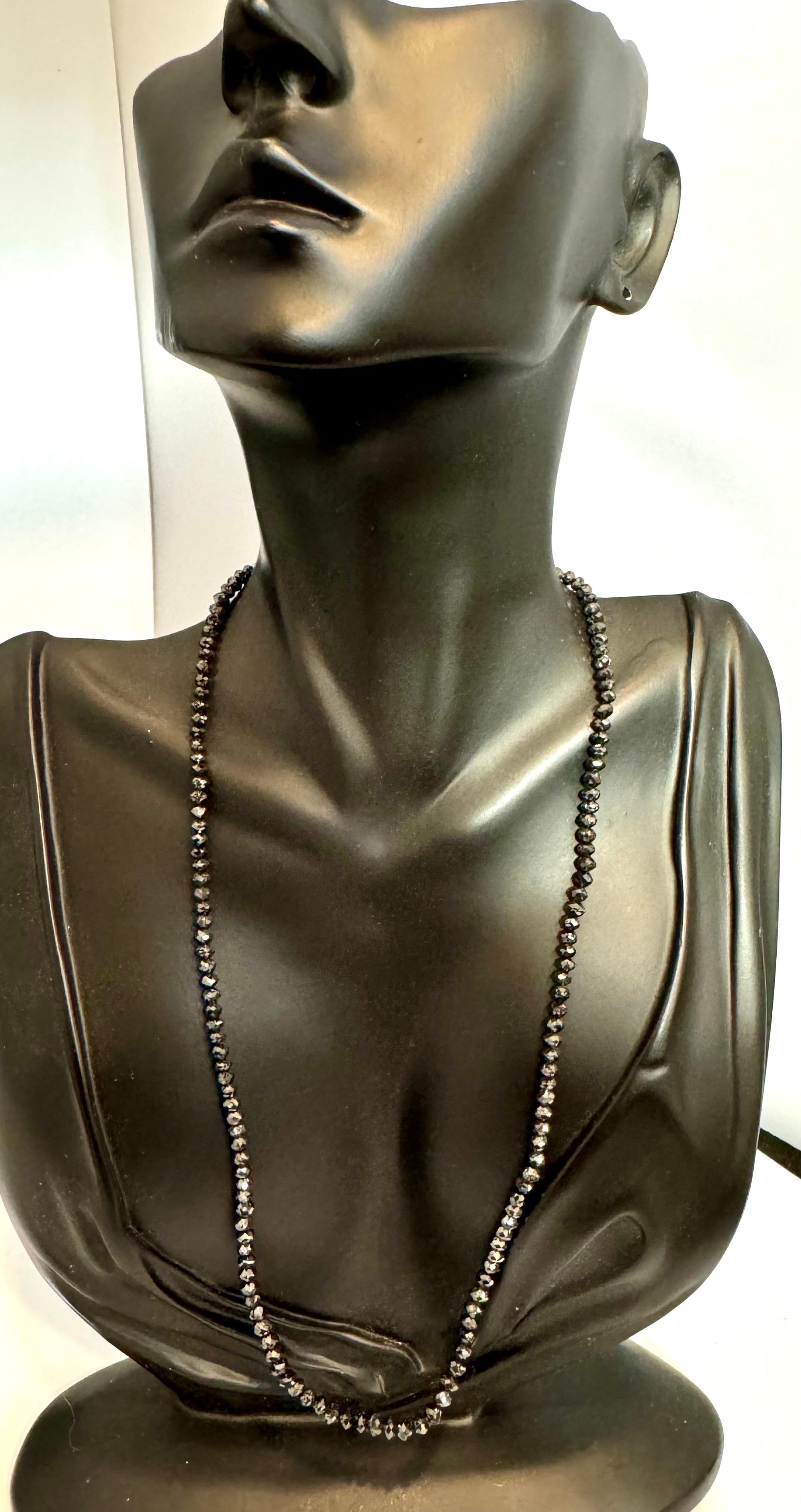 Vintage Natural  Black Diamond Bead Single Strand Necklace 18 Kt White Gold 18