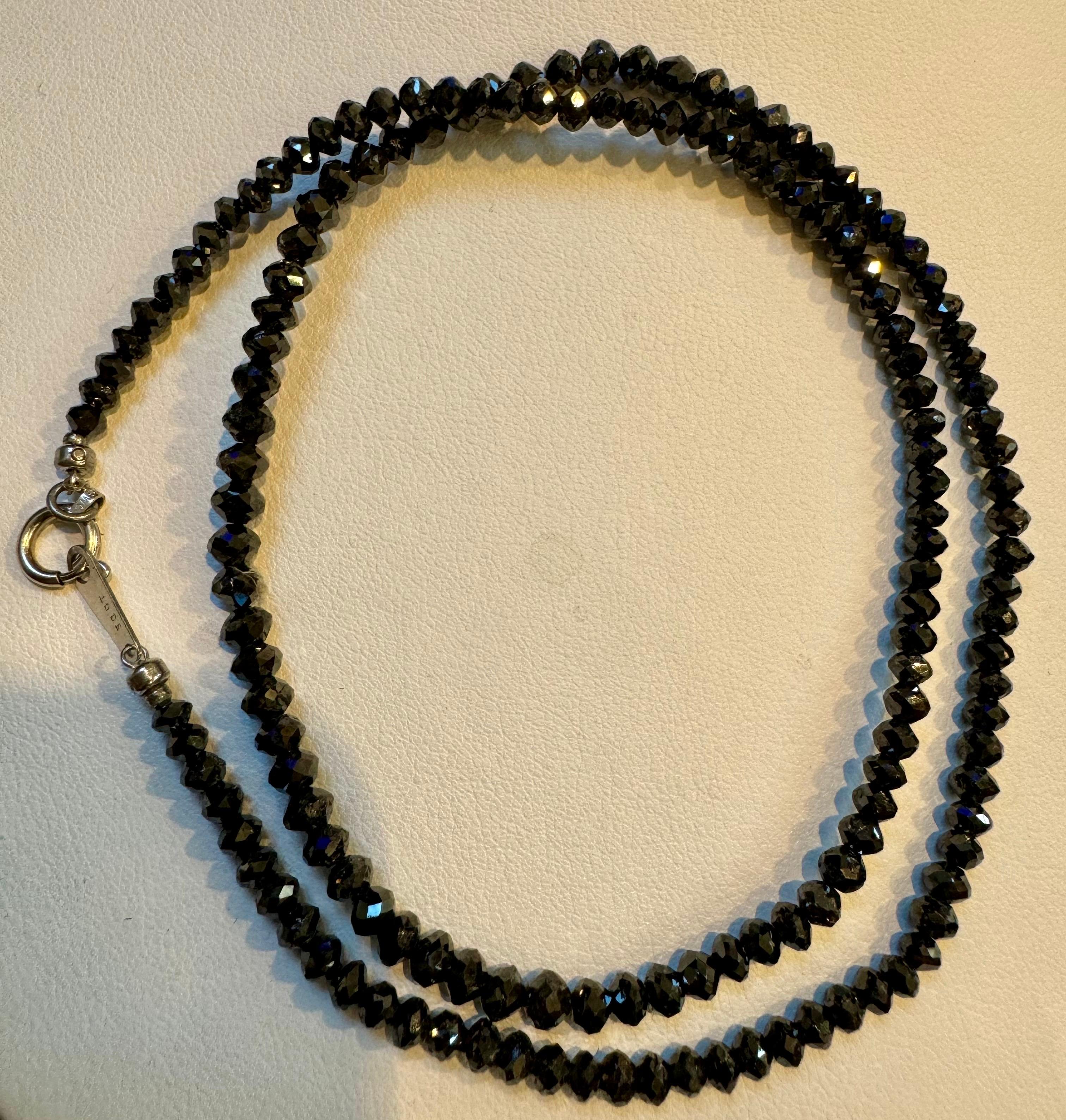 Vintage Natural  Black Diamond Bead Single Strand Necklace 18 Kt White Gold 18