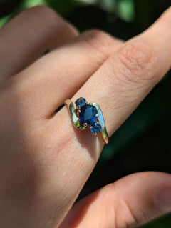 Vintage Natural Blue Sapphire 14k Gold Three Stone Trilogy Bypass Ring N / 6.5