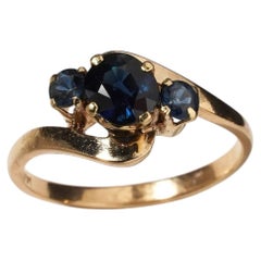Vintage Natural Blue Sapphire 14k Gold Three Stone Trilogy Bypass Ring N / 6.5