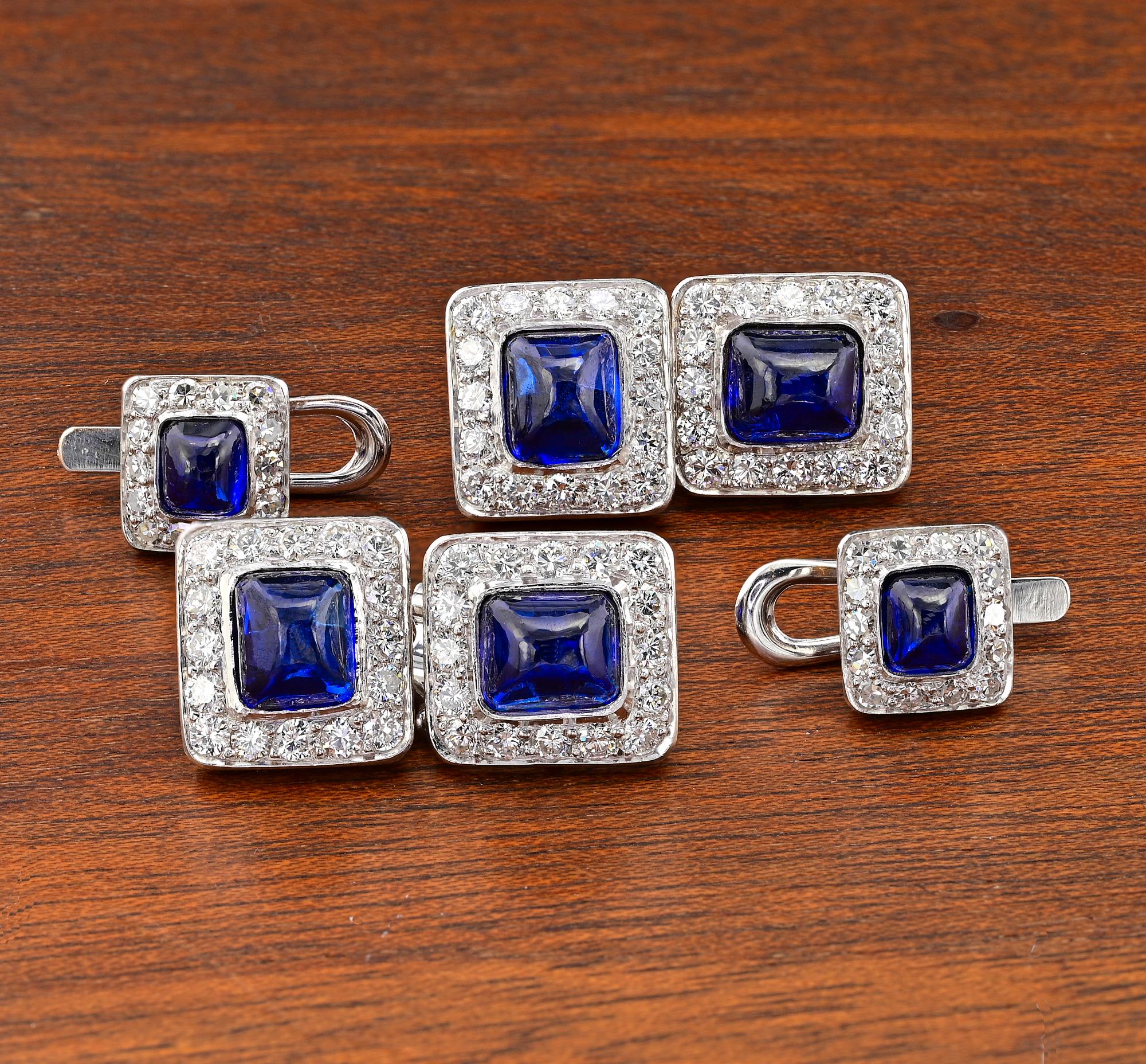 Elegant 1970 circa Italian tuxedo cufflinks suite set with natural Sapphire and Diamonds, hand crafted of solid Platinum
Chic timeless design set with 6 Royal Blue color natural Sapphires, Sugar Loaf cut for a total of 11.40 Ct
Surrounded by 2.50 Ct