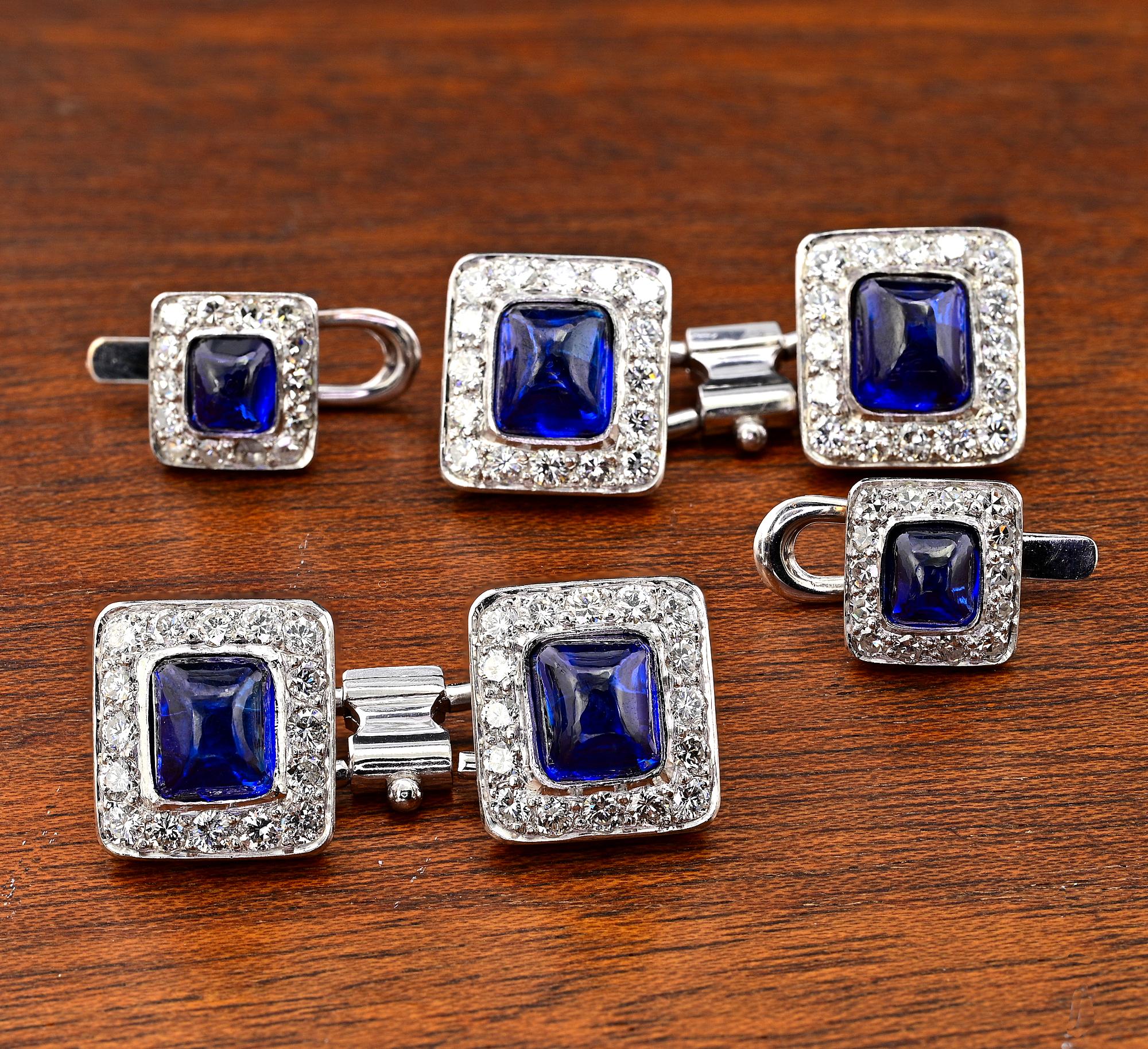Contemporary Vintage Natural Blue Sapphire Diamond Platinum Tuxedo Suite For Sale