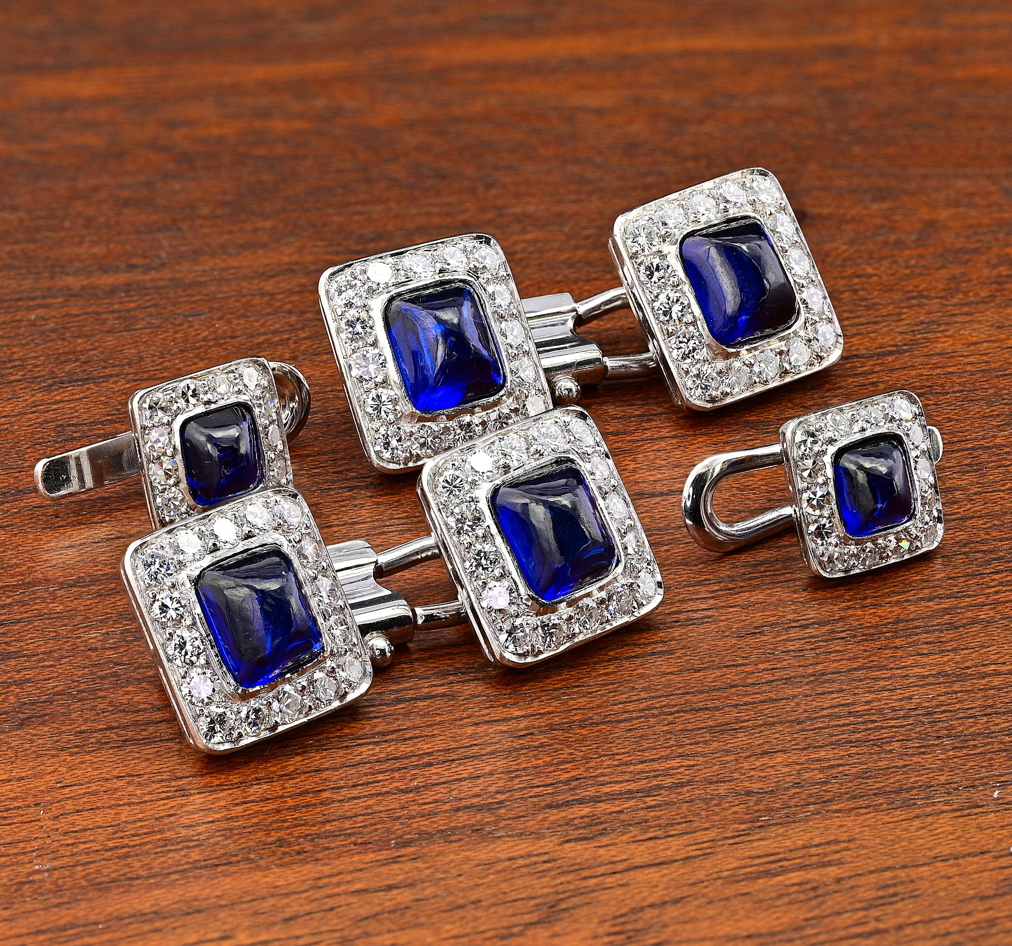 Vintage Natural Blue Sapphire Diamond Platinum Tuxedo Suite In Good Condition For Sale In Napoli, IT