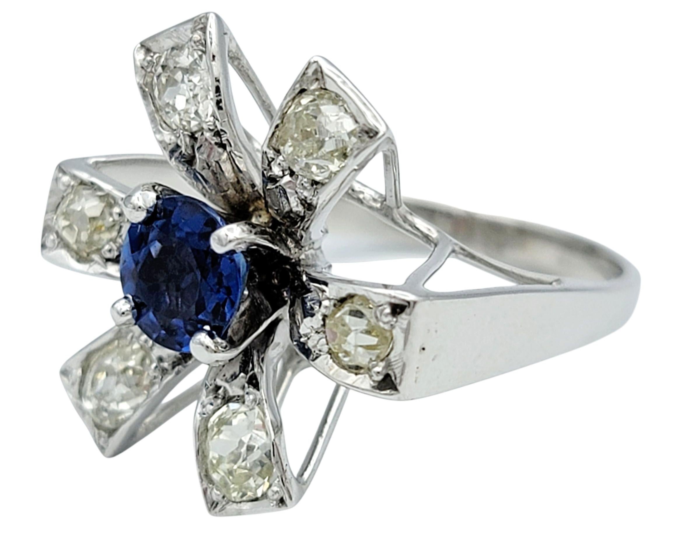 Contemporary Vintage Natural Blue Sapphire & Old Mine Diamond Starburst Ring in White Gold For Sale