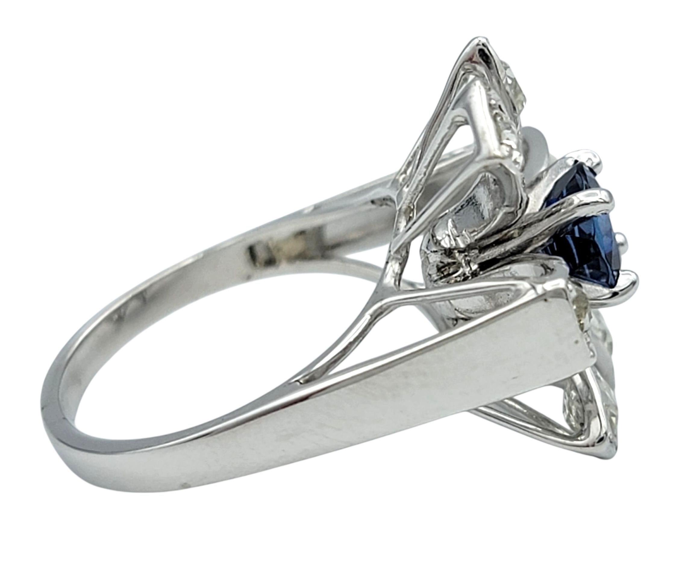 Round Cut Vintage Natural Blue Sapphire & Old Mine Diamond Starburst Ring in White Gold For Sale