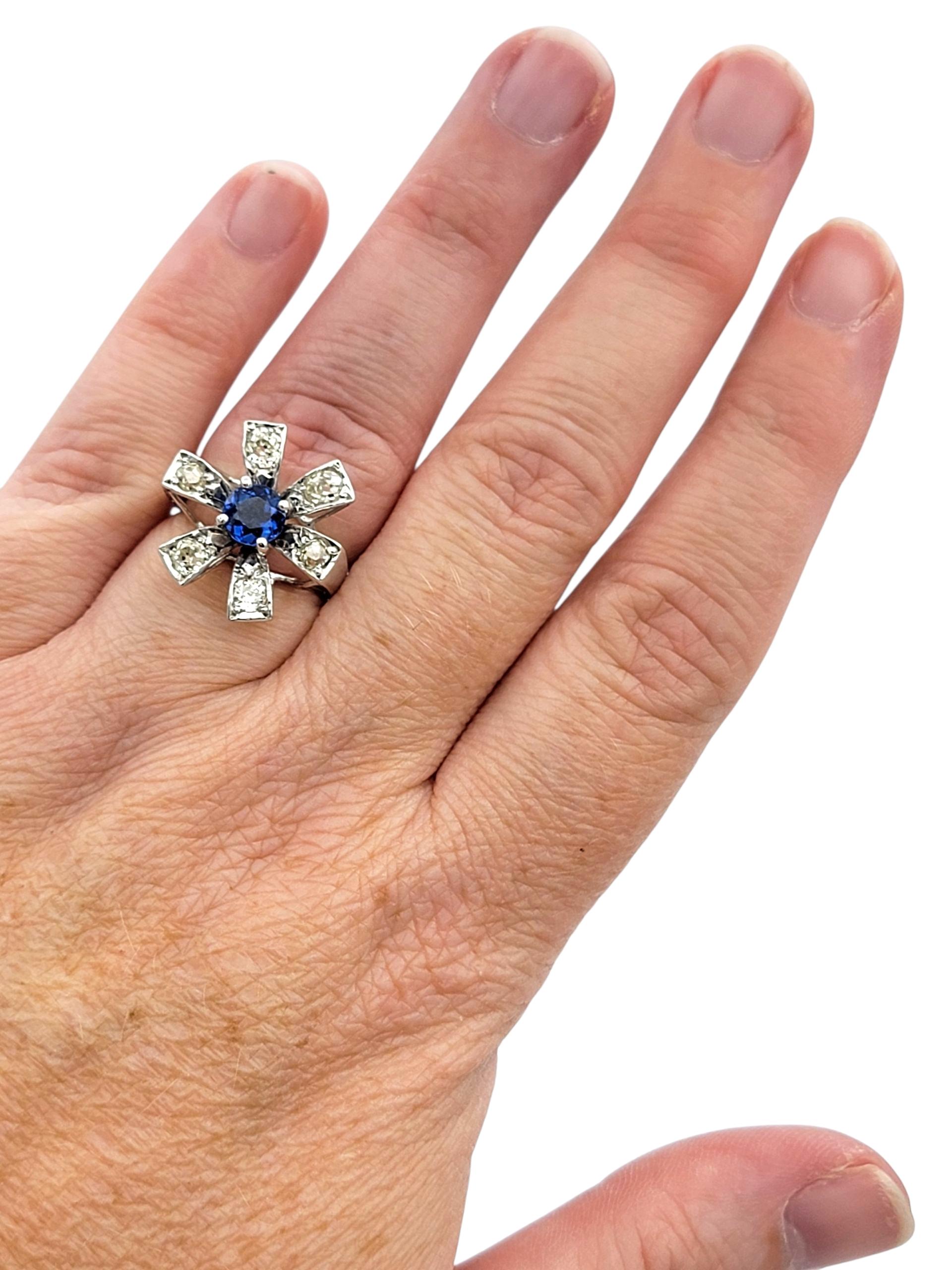 Women's Vintage Natural Blue Sapphire & Old Mine Diamond Starburst Ring in White Gold For Sale