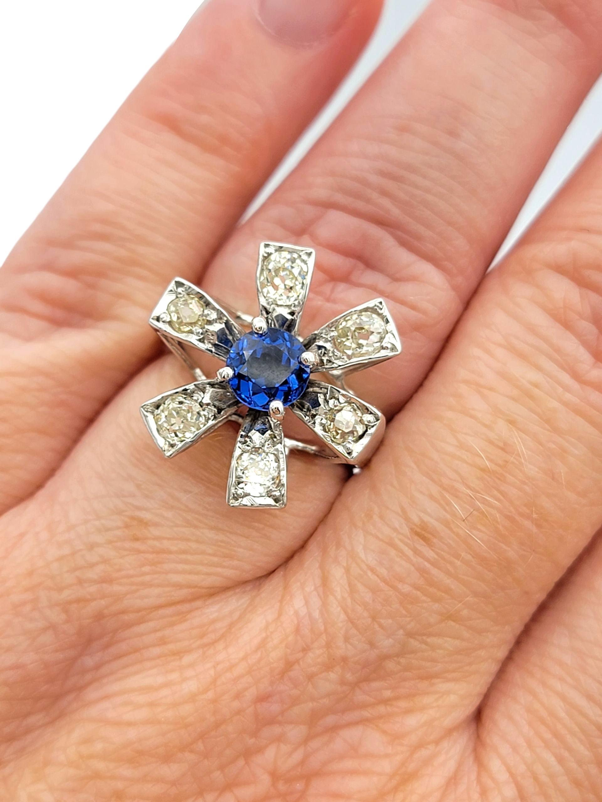 Vintage Natural Blue Sapphire & Old Mine Diamond Starburst Ring in White Gold For Sale 1