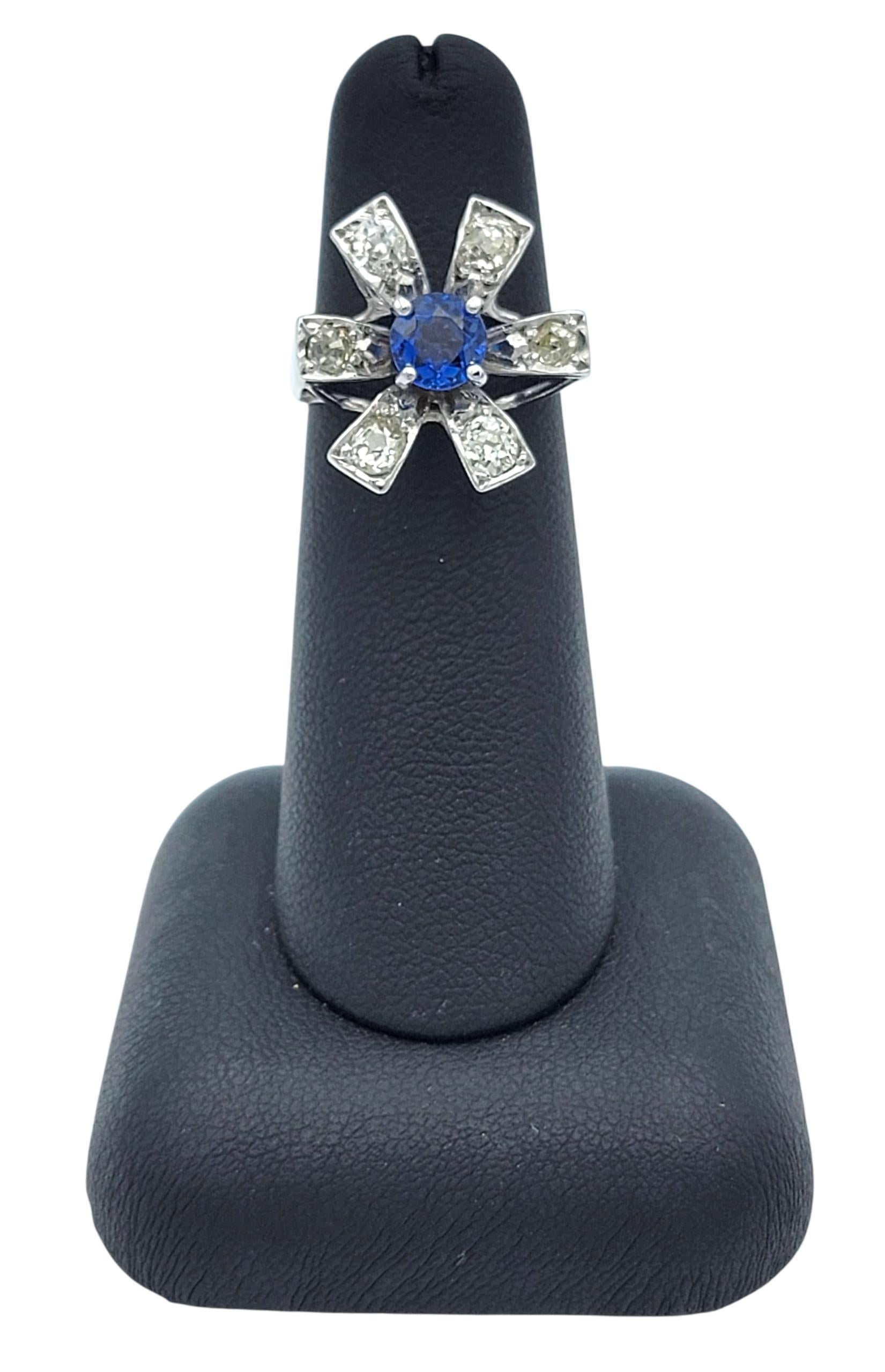 Vintage Natural Blue Sapphire & Old Mine Diamond Starburst Ring in White Gold For Sale 2