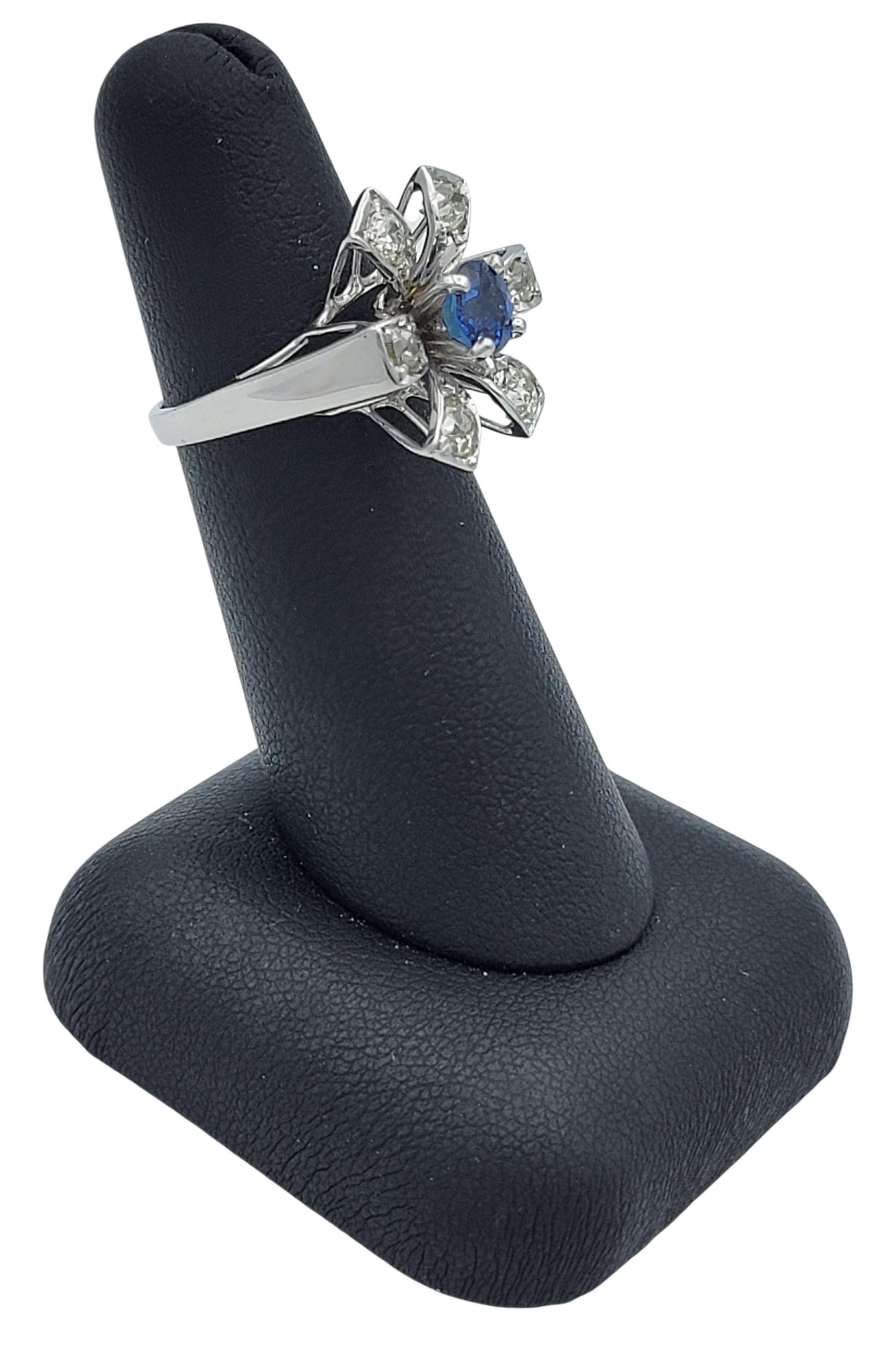Vintage Natural Blue Sapphire & Old Mine Diamond Starburst Ring in White Gold For Sale 3