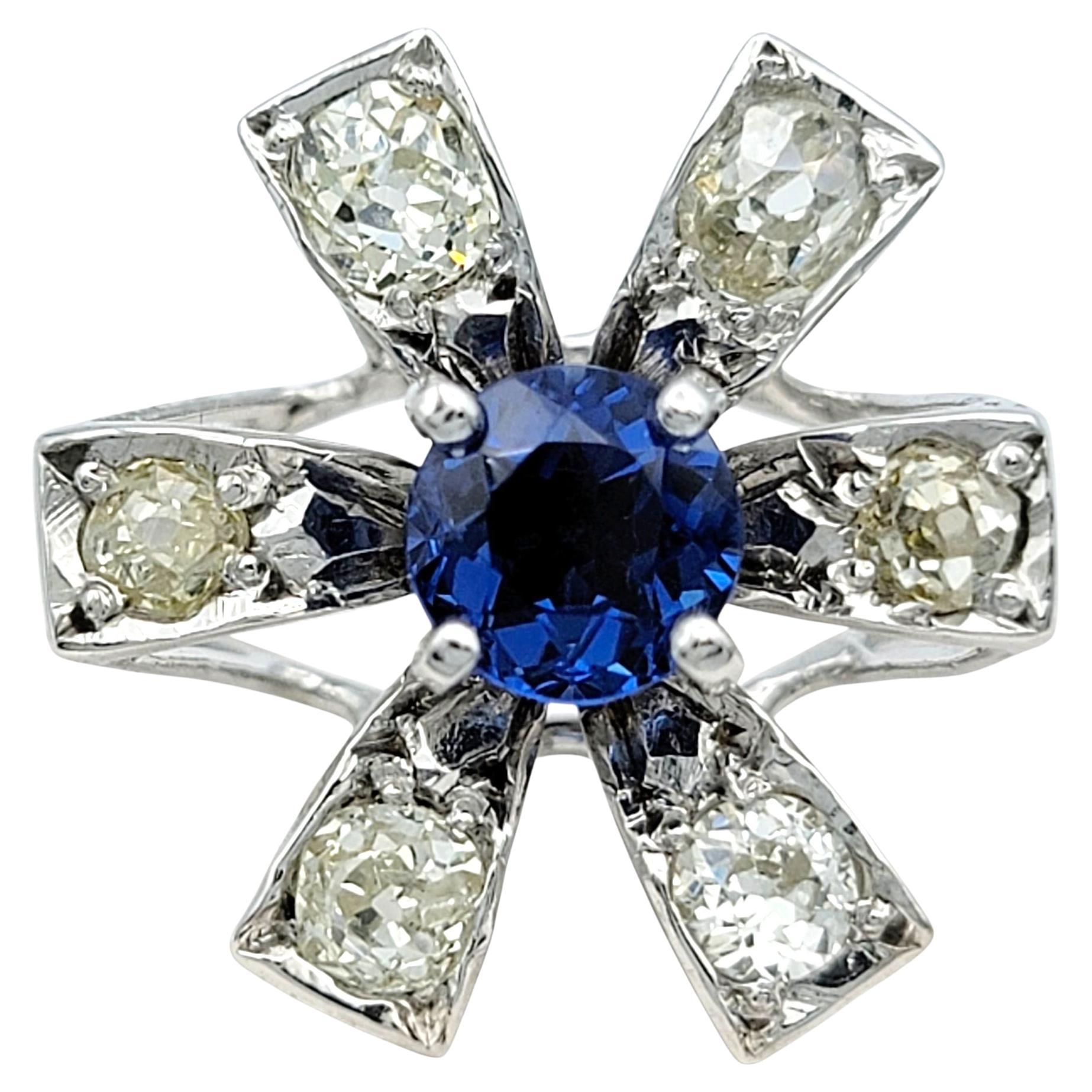 Vintage Natural Blue Sapphire & Old Mine Diamond Starburst Ring in White Gold For Sale