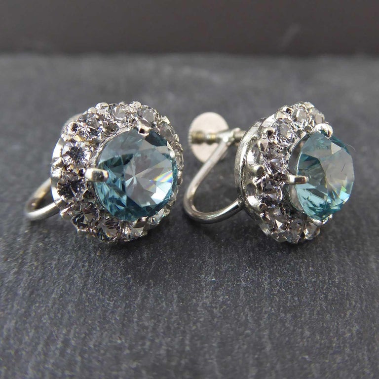 Vintage Natural Blue Zircon, White Sapphire Stud Earrings ...