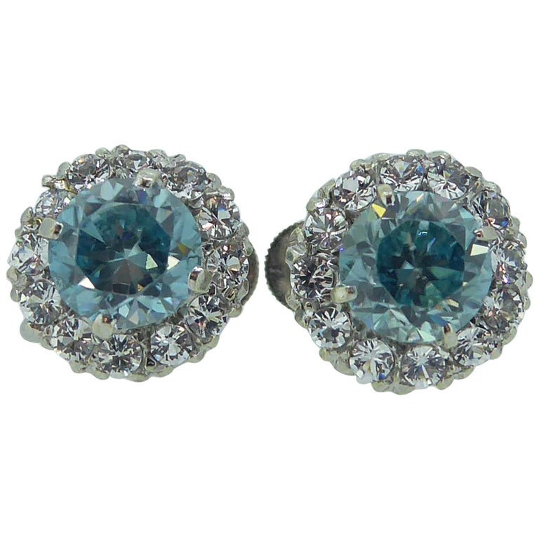 Vintage Natural Blue Zircon, White Sapphire Stud Earrings, White Gold