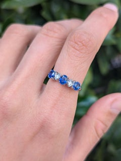 Vintage Natural Bright Blue Sapphire Diamond 14k White Gold Half Eternity Ring