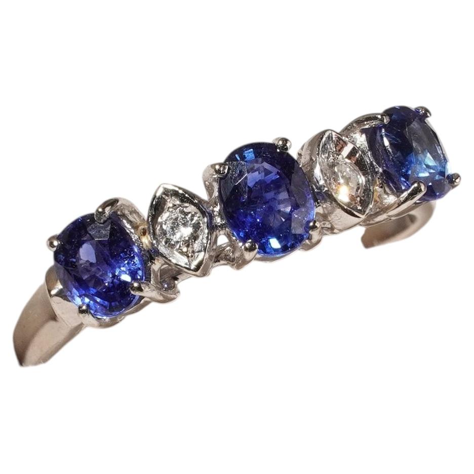 Vintage Natural Bright Blue Sapphire Diamond 14k White Gold Half Eternity Ring For Sale