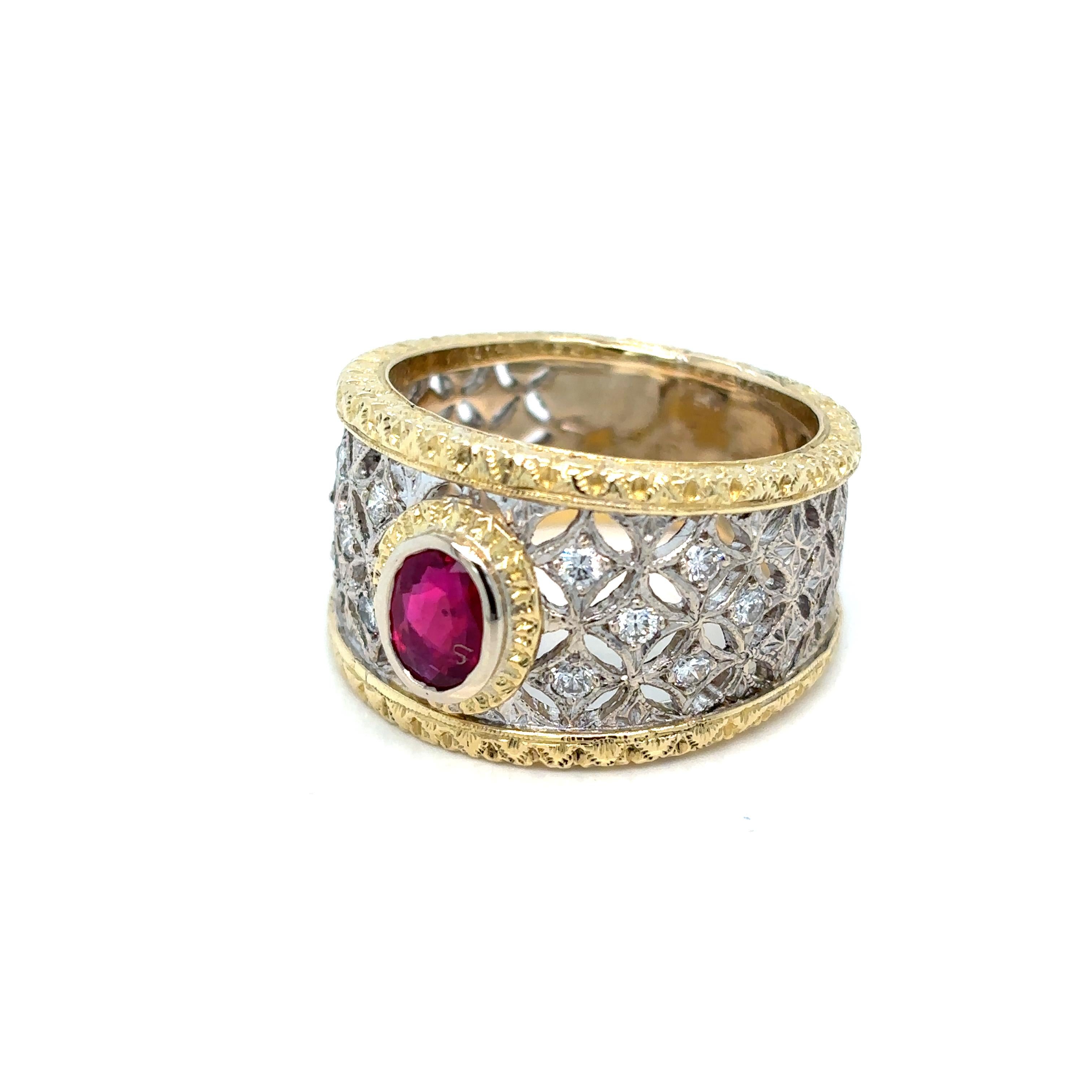 Vintage Natural Burma Ruby Diamond Engraved Gold Ring 1