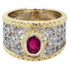 Vintage Natural Burma Ruby Diamond Engraved Gold Ring