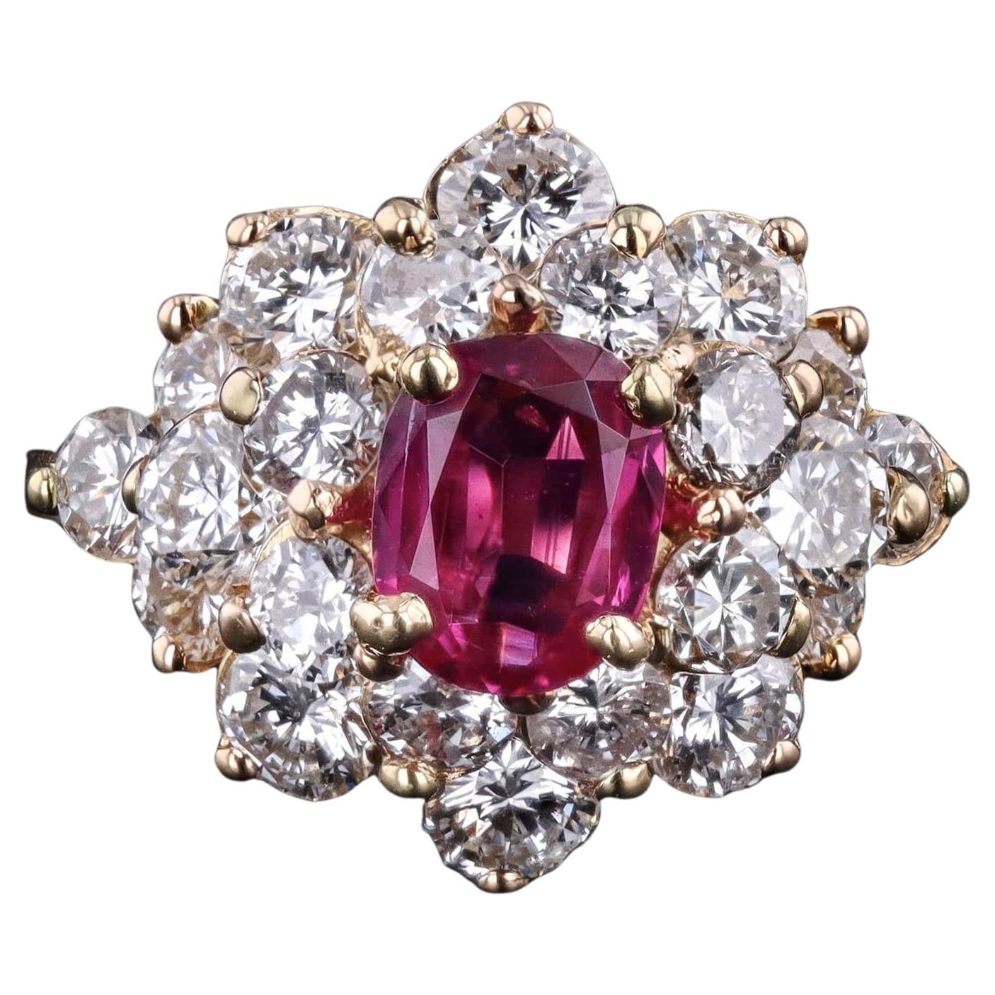 Vintage Natural Burmese Ruby and Diamond Cluster Ring with Certification