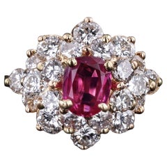 Vintage Natural Burmese Ruby and Diamond Cluster Ring with Certification