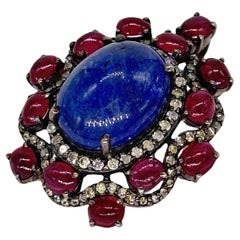 Vintage cabochon Ruby kyanite brilliant cut diamonds silver 35mm long Pendant