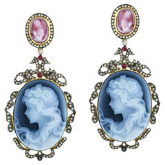 Vintage Natural Cameo Ruby And Diamond Dangle Earrings 18K Gold