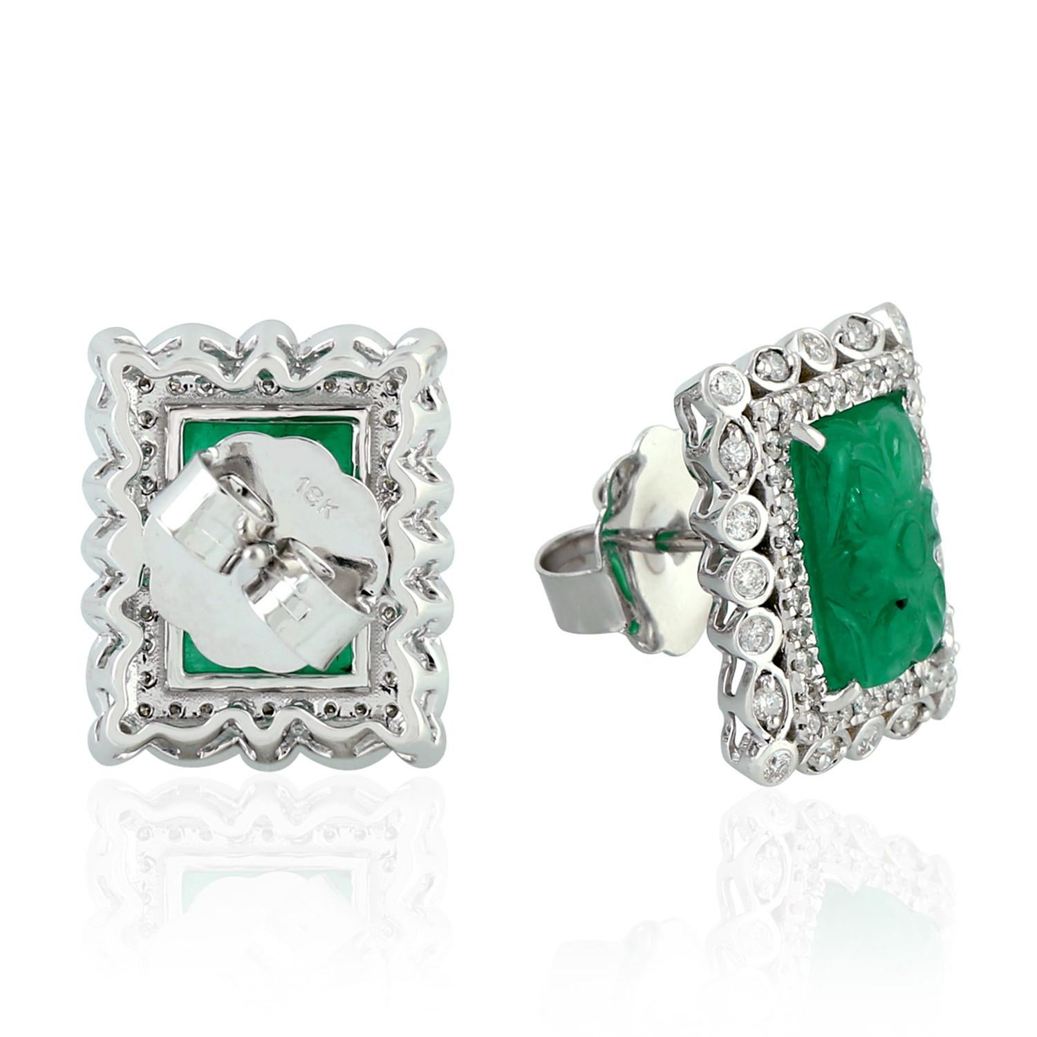 Mixed Cut Vintage Natural Carved Emerald And Diamond Stud Earrings 18K White Gold For Sale