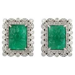 Vintage Natural Carved Emerald And Diamond Stud Earrings 18K White Gold