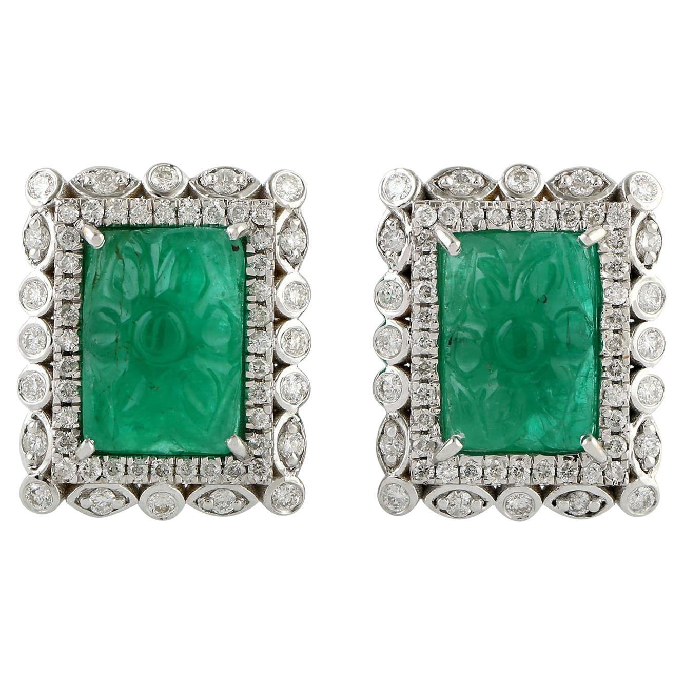 Vintage Natural Carved Emerald And Diamond Stud Earrings 18K White Gold For Sale