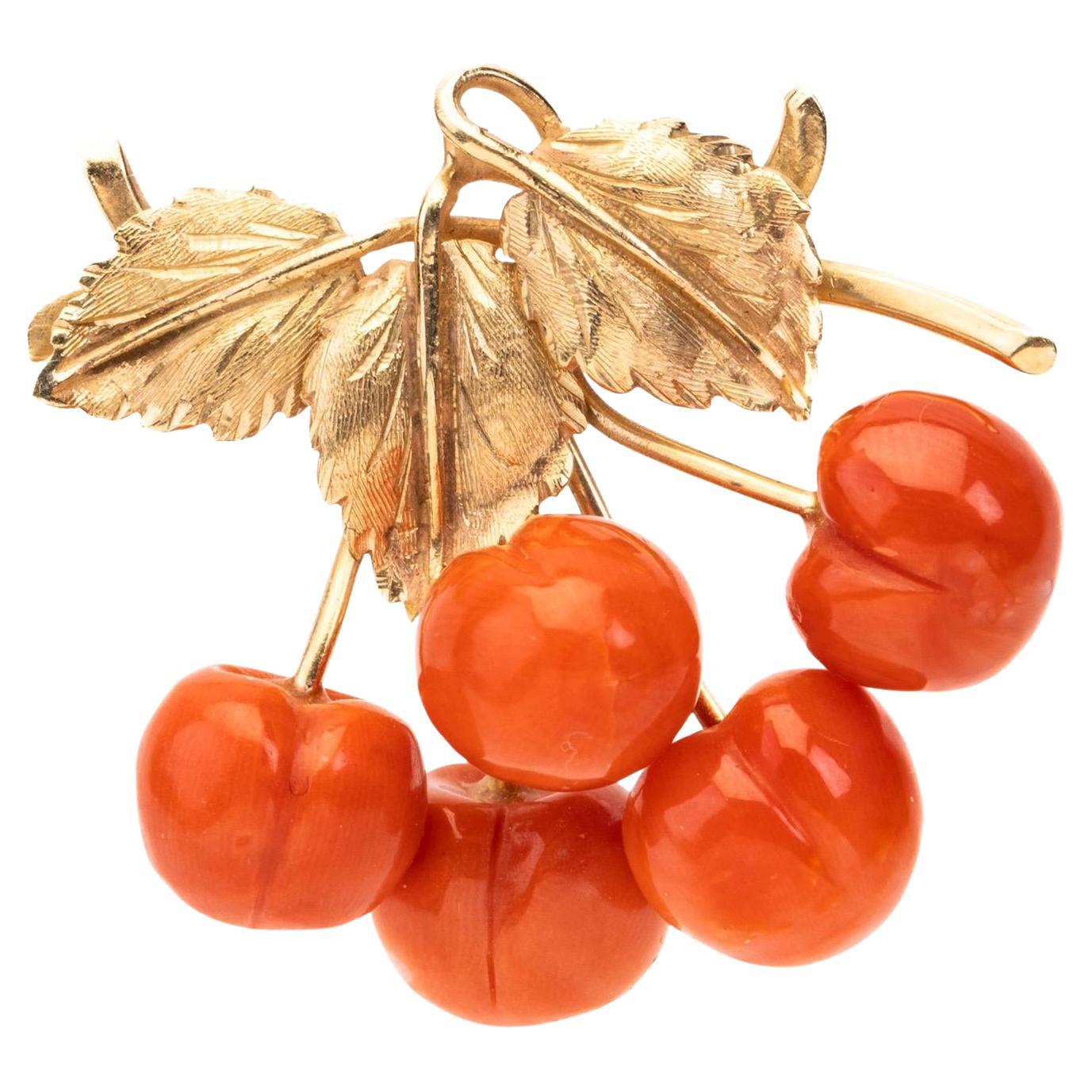 Vintage Natural Carved Momo Coral Cherry Gold Brooch For Sale
