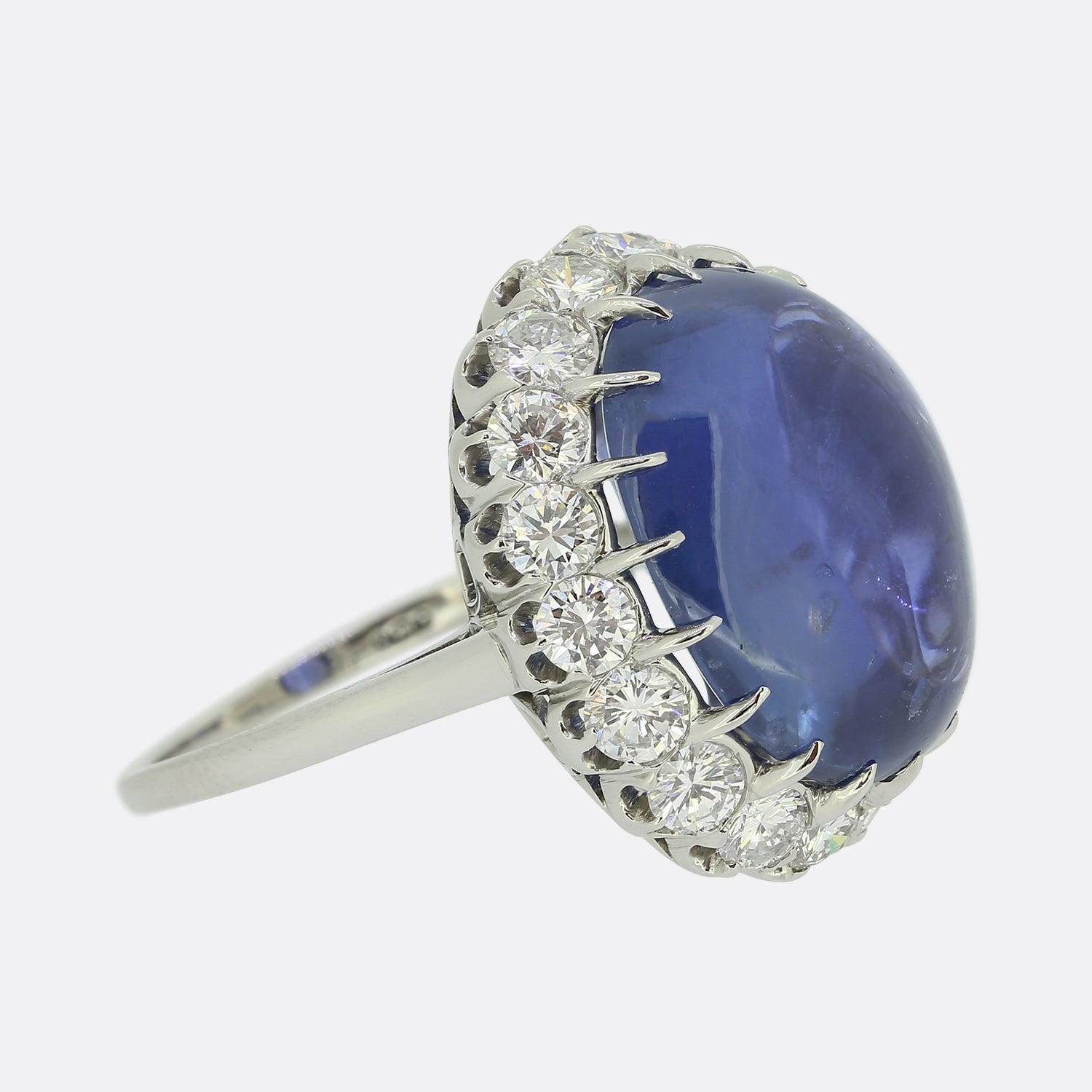 Cabochon Vintage Natural Ceylon Sapphire and Diamond Cocktail Ring For Sale