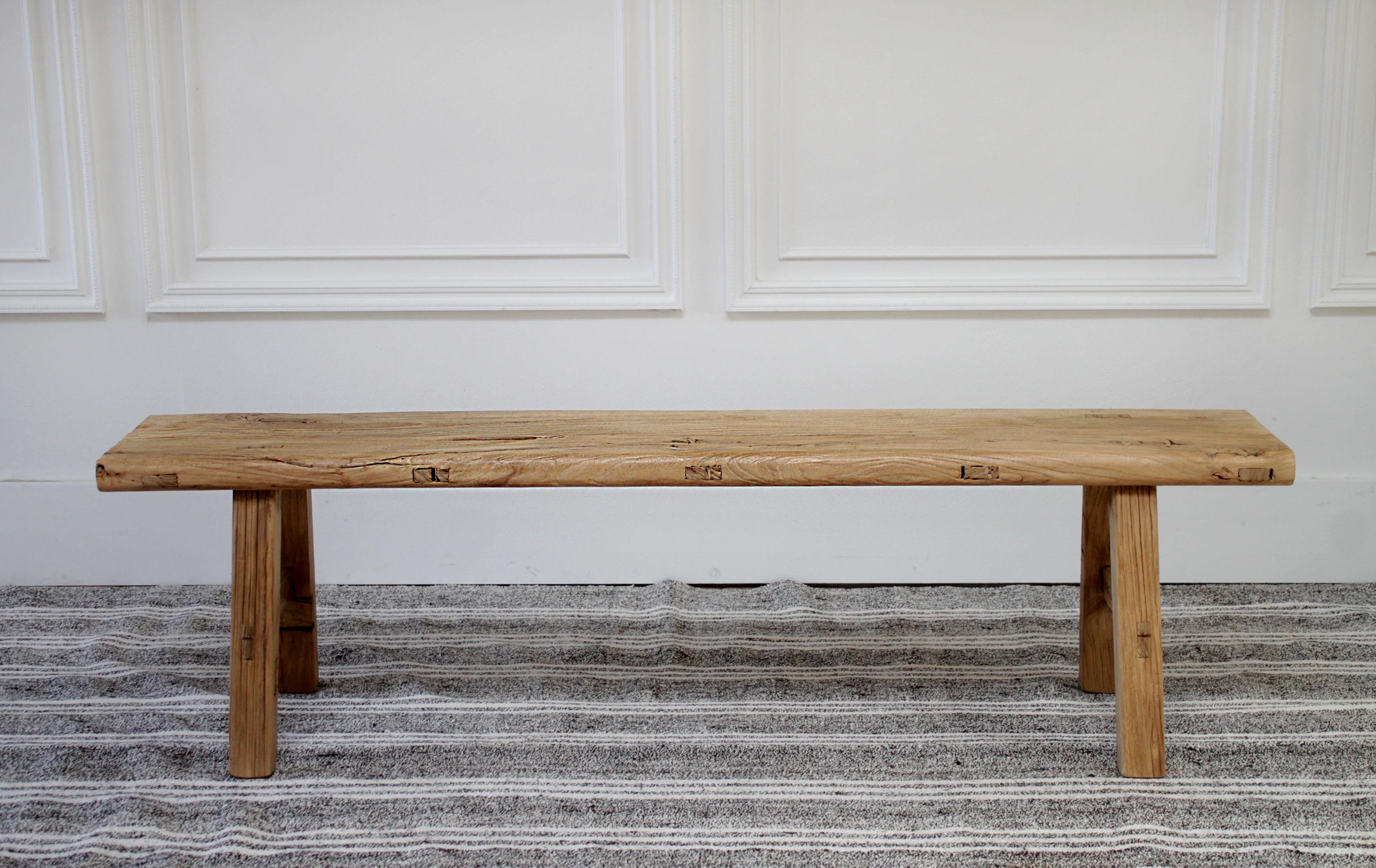 20th Century Vintage Natural Chinese Elmwood Bench