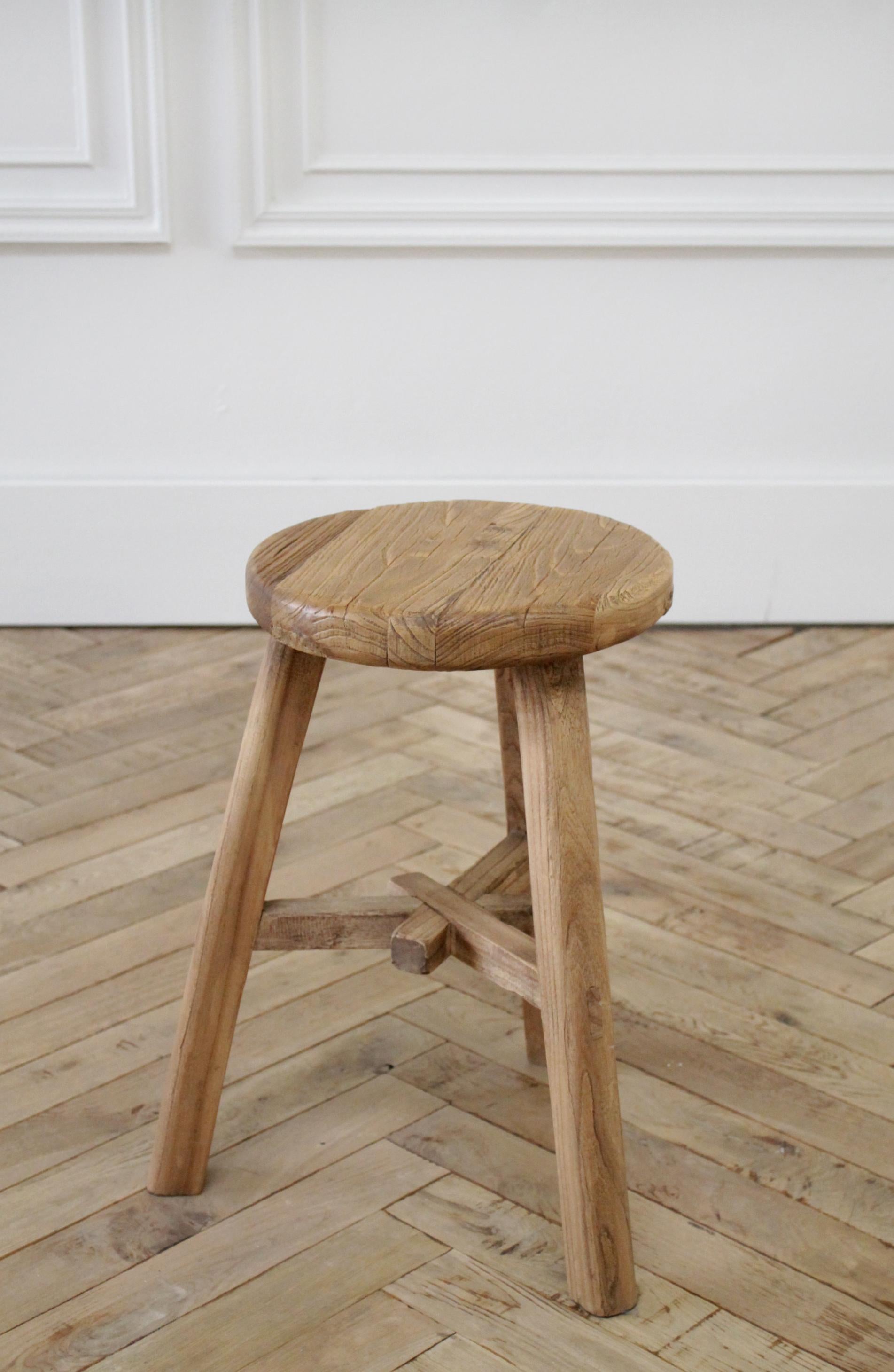Asian Vintage Natural Chinese Elm Wood Stool