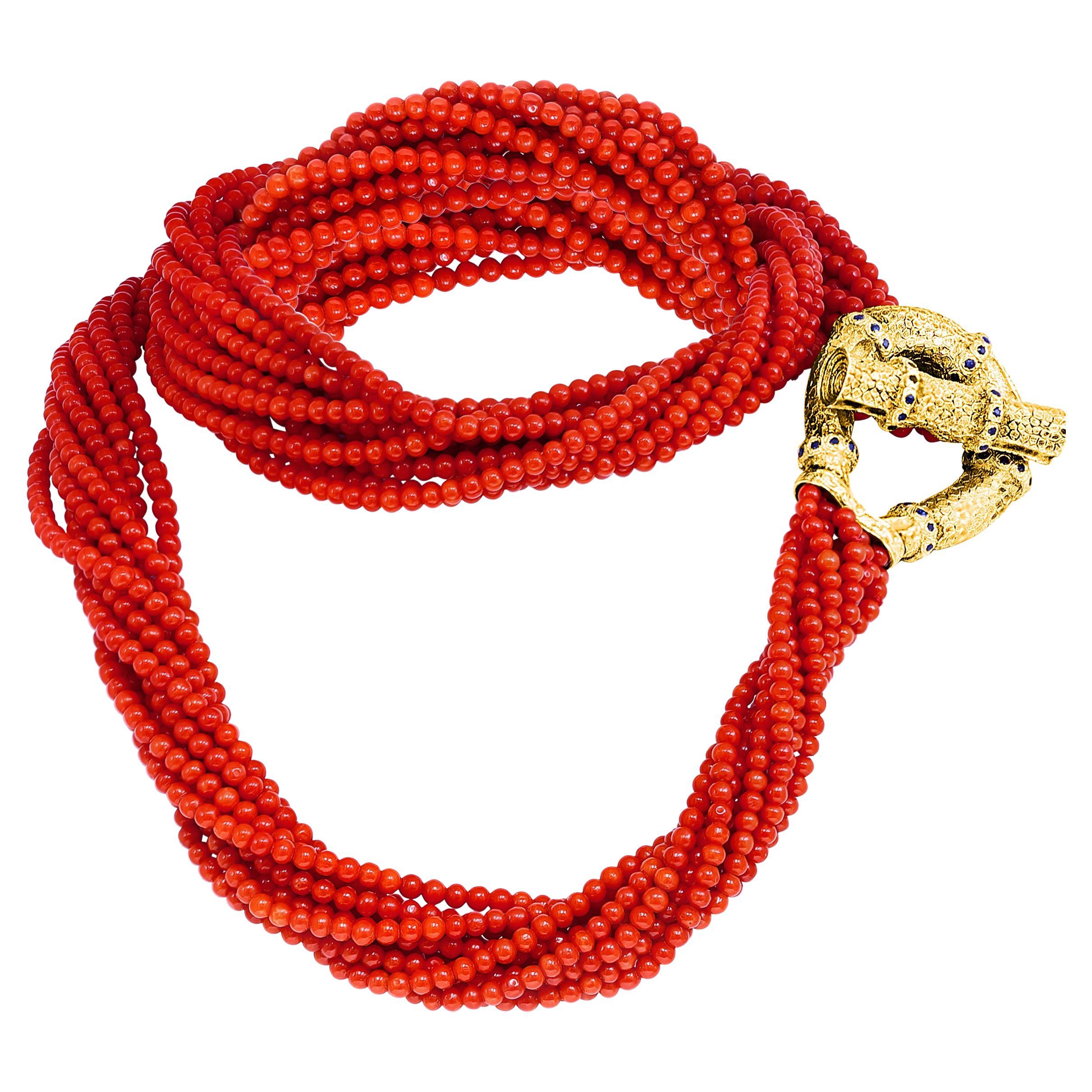 Vintage Natural Coral Multi Layer 10 Strand 920 CT Bead Necklace 18 KY Gold For Sale